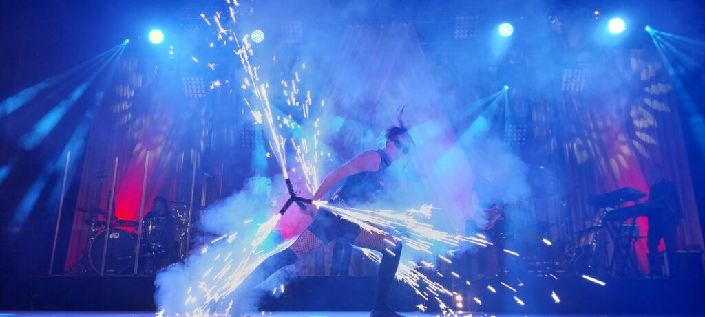 The Pyroladies fire show with pyrotechnics on stage
